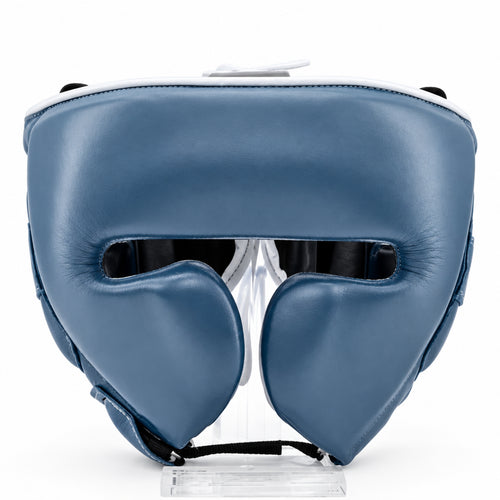 Blue boxing headgear with a visible brand logo on a white background