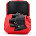 Red boxing mitt with black glove on a white background