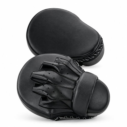 Pair of black boxing gloves with a brand logo on a white background