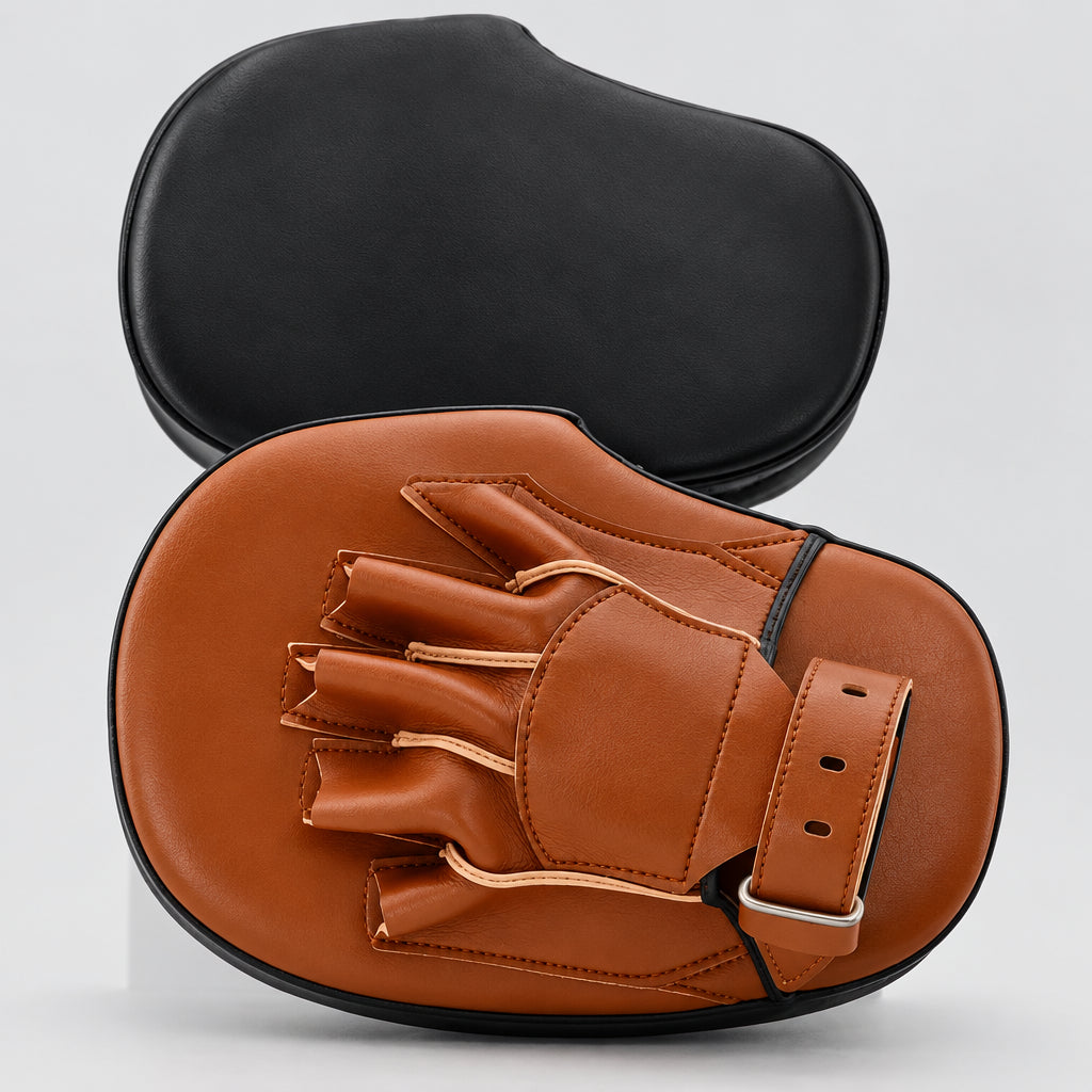 Brown and black boxing mitts with a brand logo on a light gray background