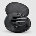 Black leather fingerless boxing mitts with a white and blue logo on the back, displayed on a white background.