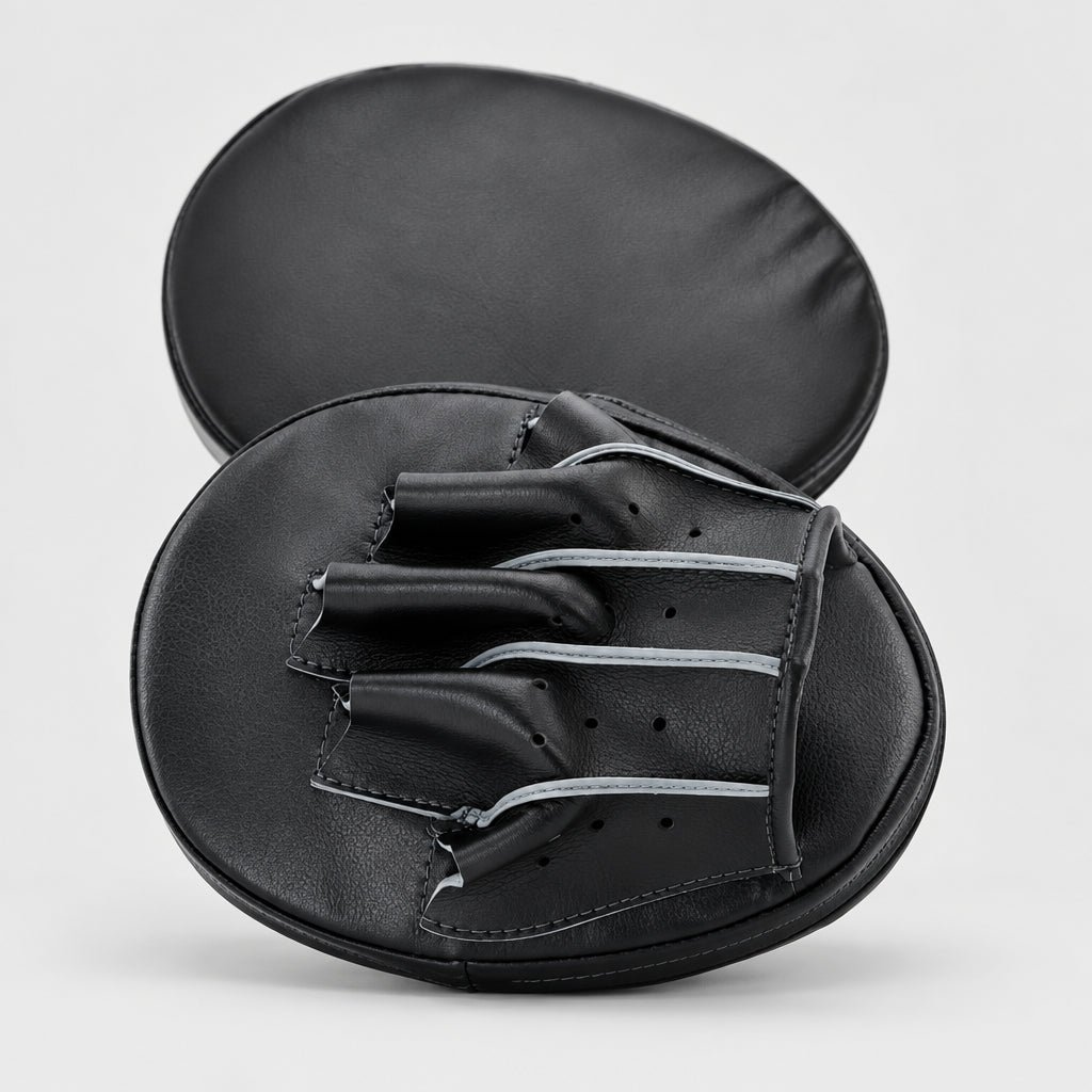 Black leather fingerless boxing mitts with a white and blue logo on the back, displayed on a white background.