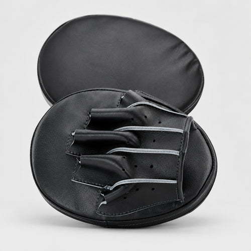 Black leather fingerless boxing mitts with a white and blue logo on the back, displayed on a white background.