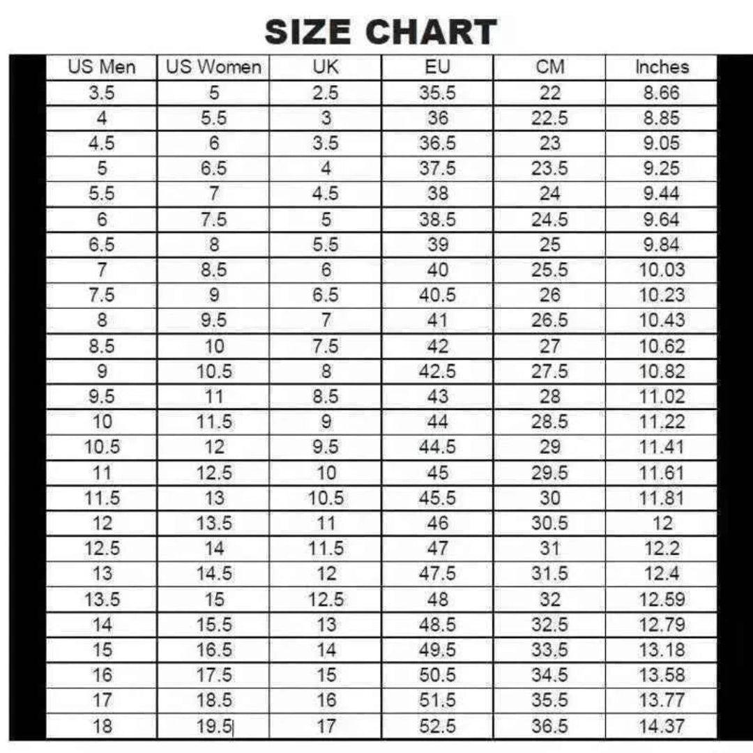 A black and white size chart table listing measurements in US Men, US Women, UK, EU, CM, and Inches for sizes 3.5 through 19.