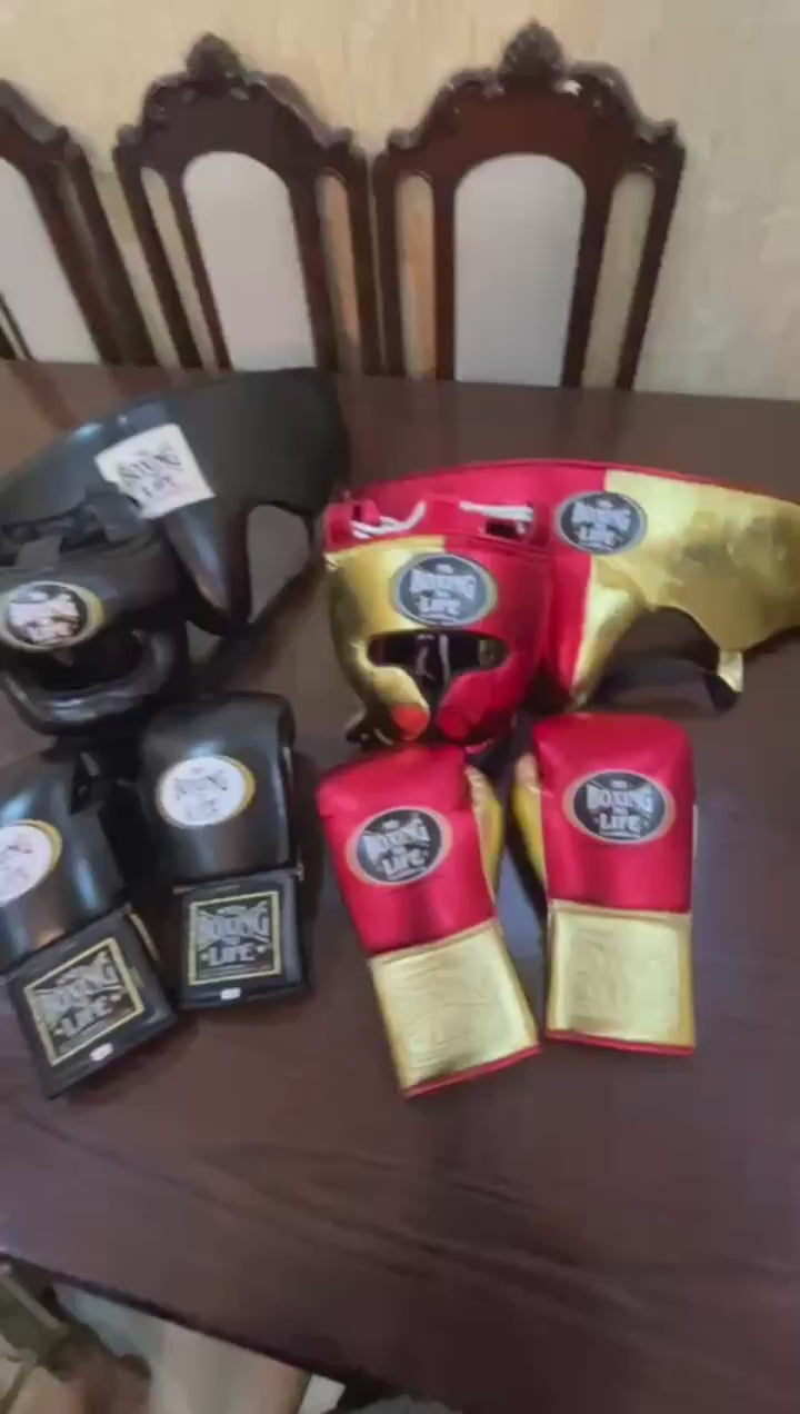 No Boxing No Life Gloves Set - Professional Gloves, Headguard, and Groinguard Set in Metallic Red & Black Custom Edition