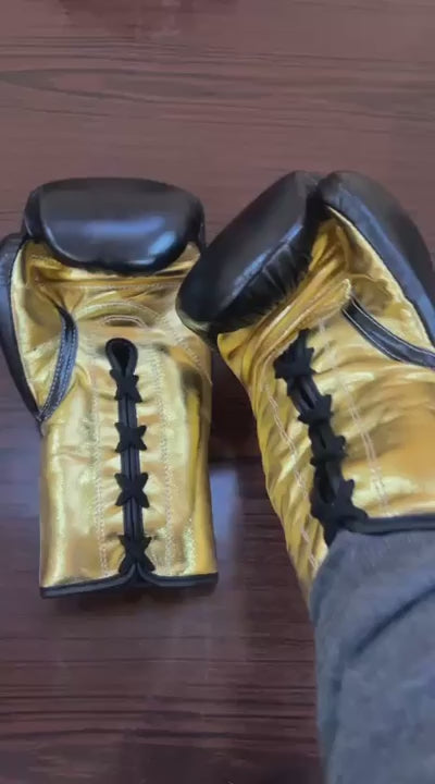 No Boxing No Life Boxing Gloves - Professional Lace-Up Black & Metallic Gold Edition