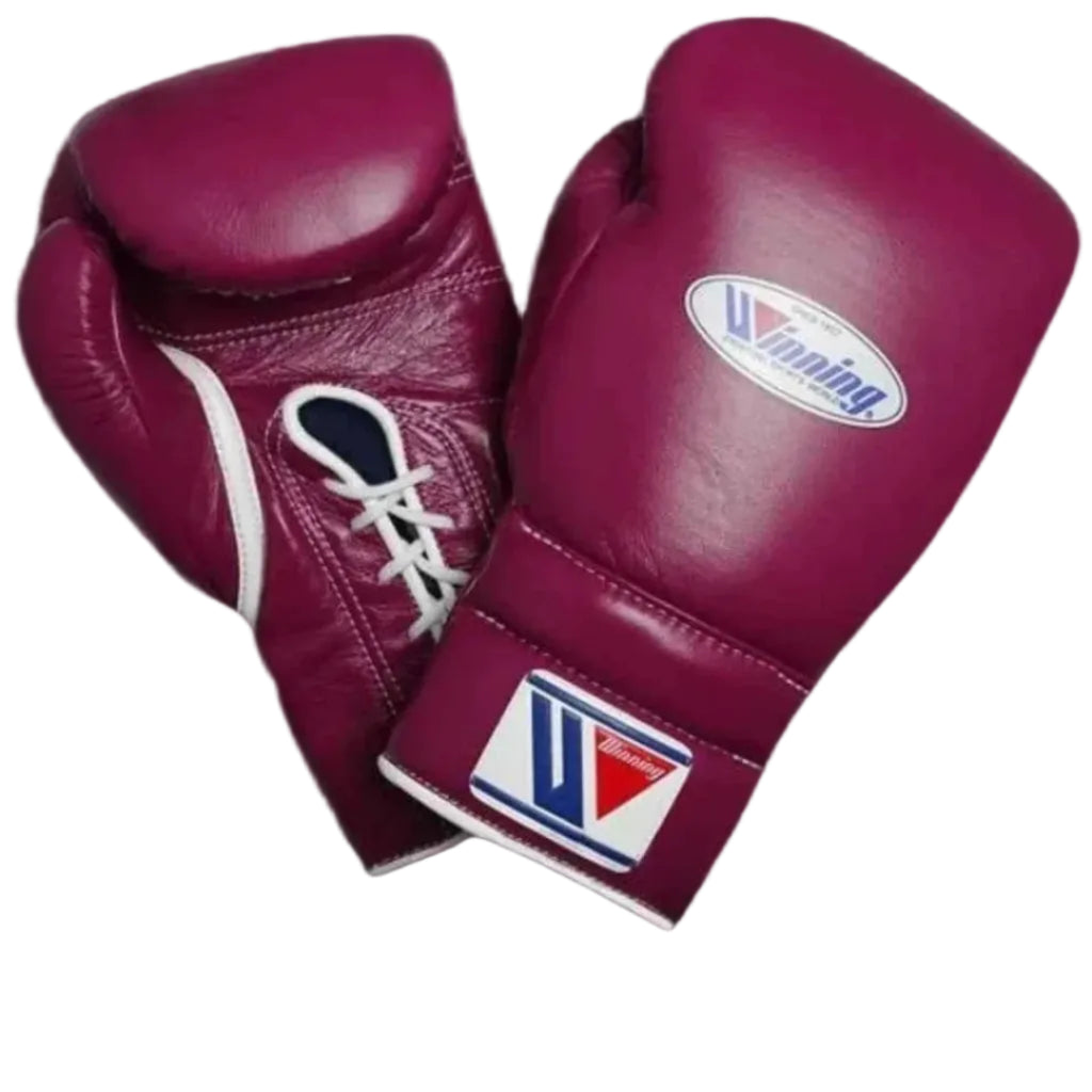 Pair of maroon boxing gloves with a brand logo on a black background